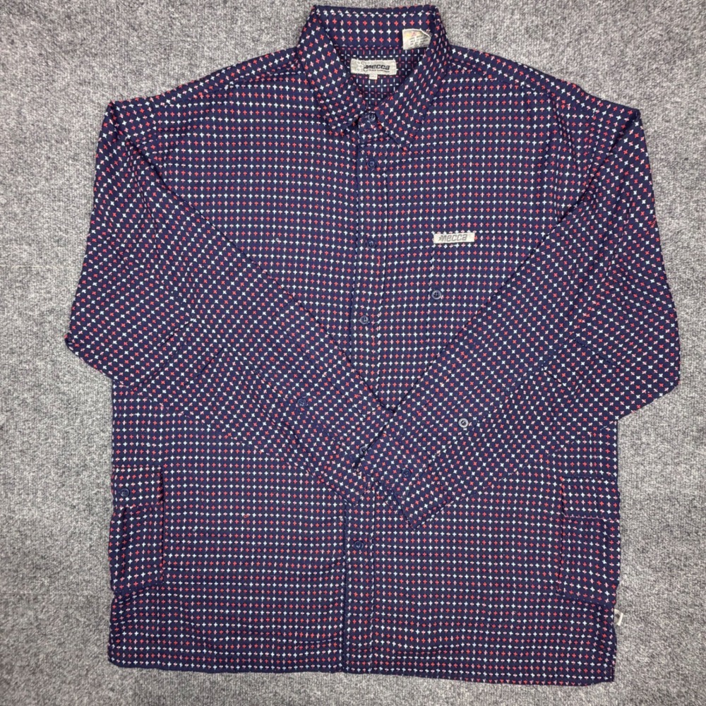 Vintage Mecca USA Mens‎ XL Navy Red Geometric Cross Button Down Shirt Streetwear